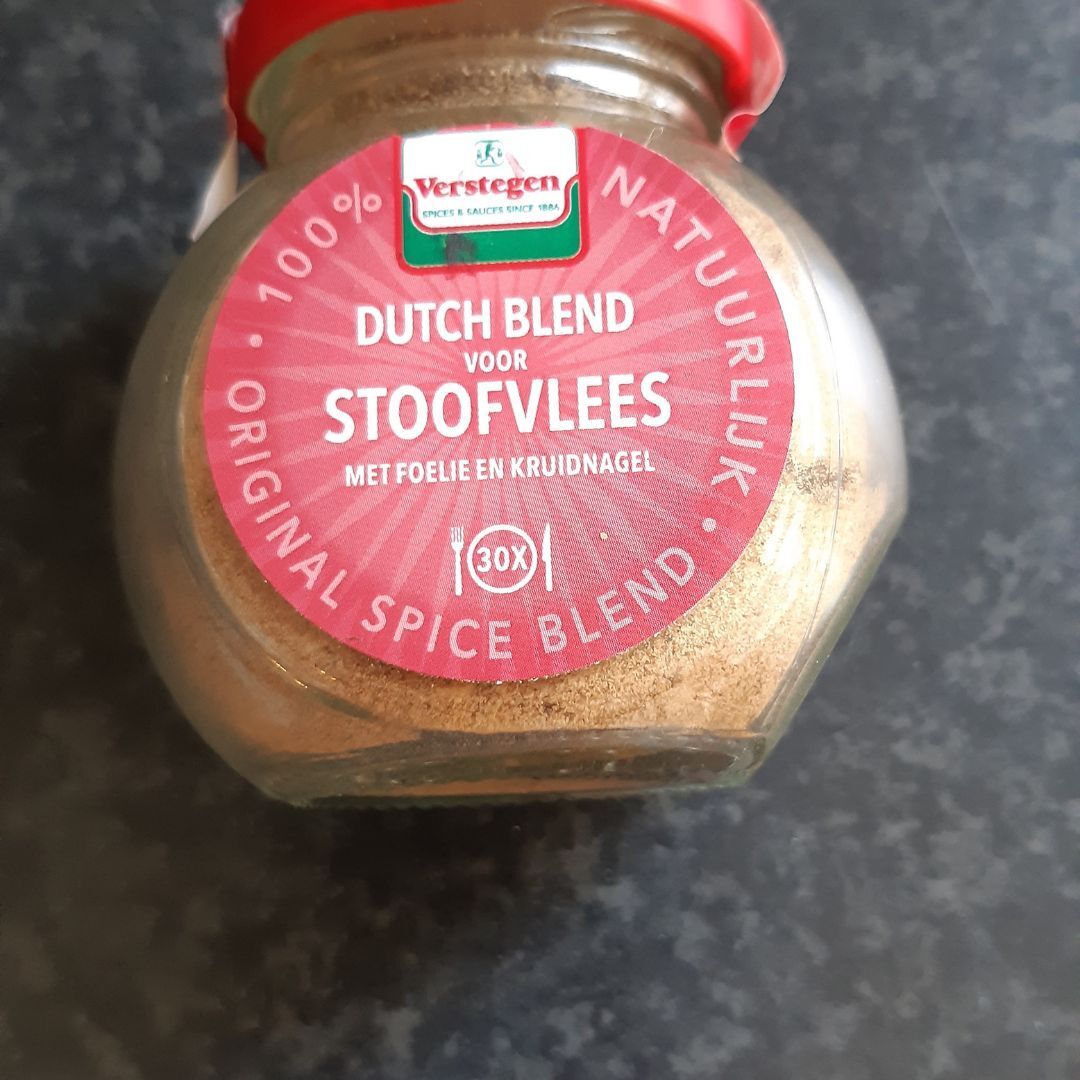 Potje Nederlandse stoofvlees kruidenmix, met rood etiket en tekst in het Nederlands.