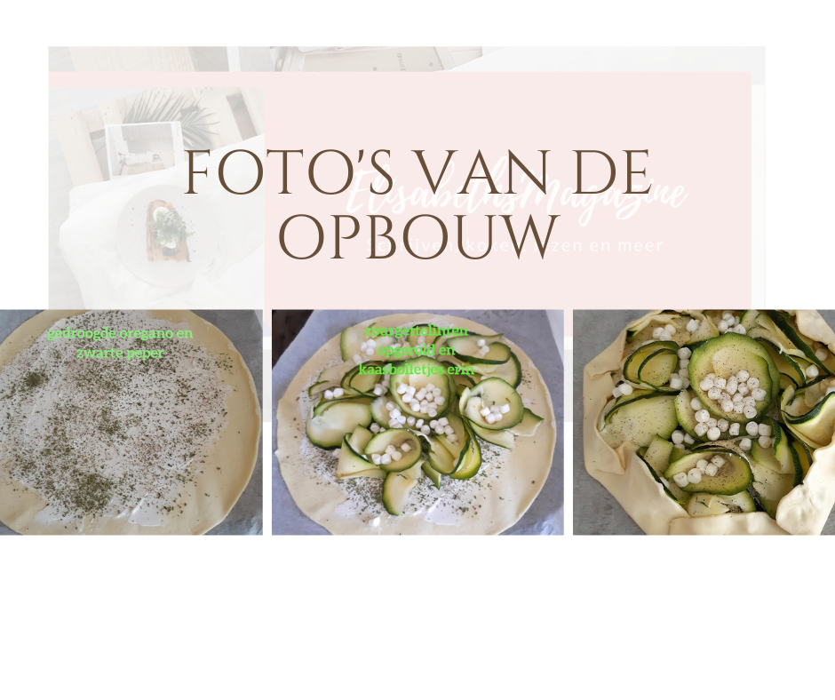 Verderop staat het recept Driedelige foto: het samenstellen van een courgettetaart op een lichtgekleurde ondergrond met tekstoverlay: