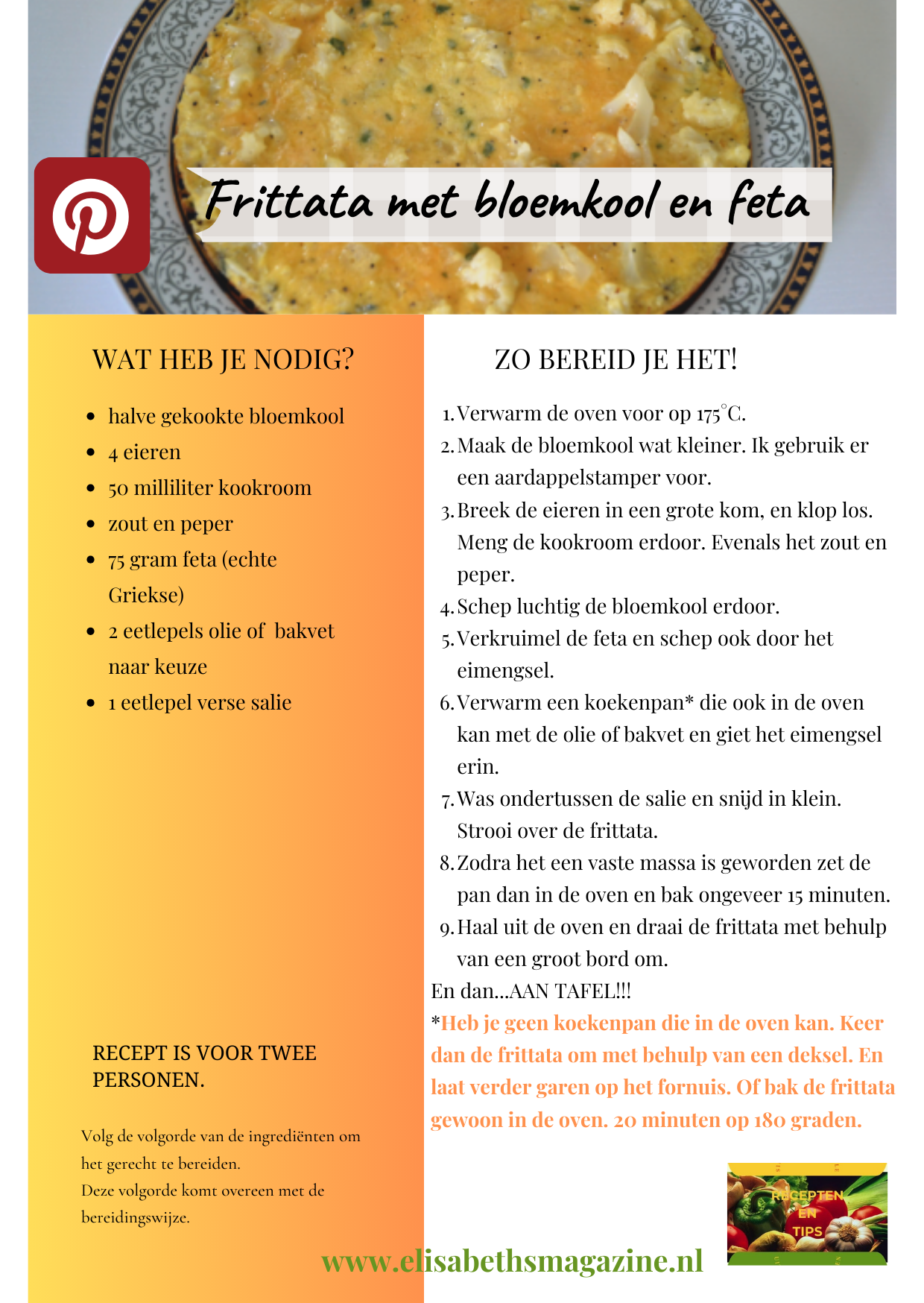 Recept voor frittata met bloemkool en feta. Tekst en instructies op een flyer met een foto van het gerecht.