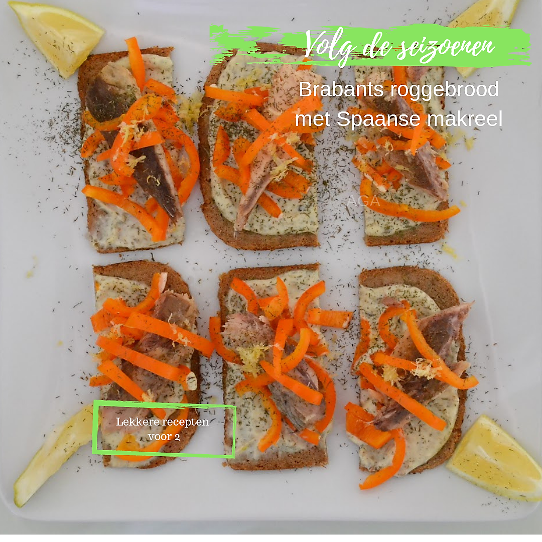 Zes sneetjes roggebrood belegd met Spaanse makreel en wortelen op een wit bord met schijfjes citroen.