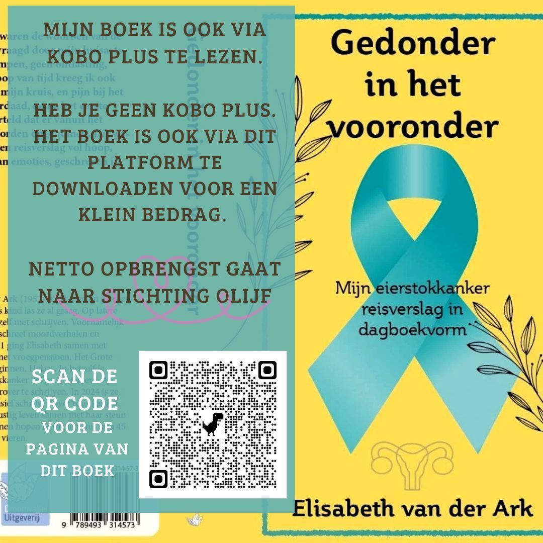 Book cover with teal ribbon and text, "Gedonder in het vooronder," about ovarian cancer, by Elisabeth van der Ark.
