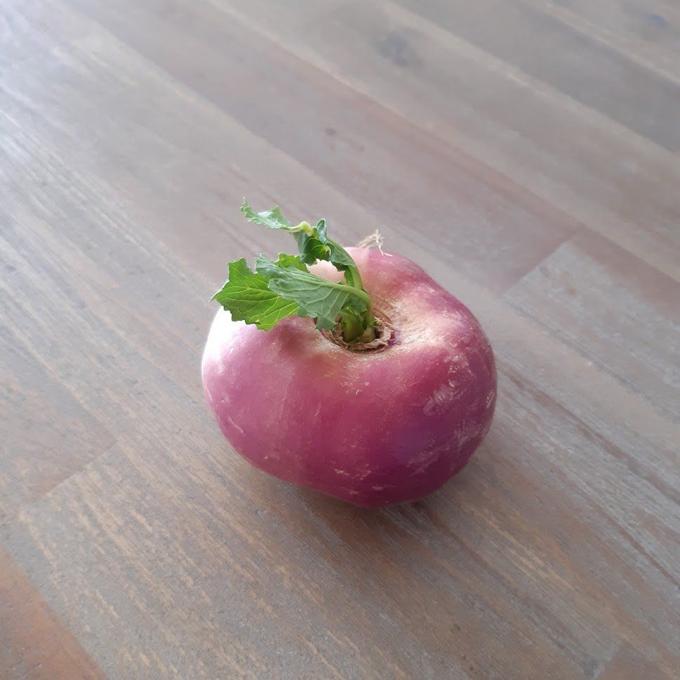 Verderop deze pagina staat het recept Paarse en witte raap met groene bladeren op een houtnerfachtig oppervlak.