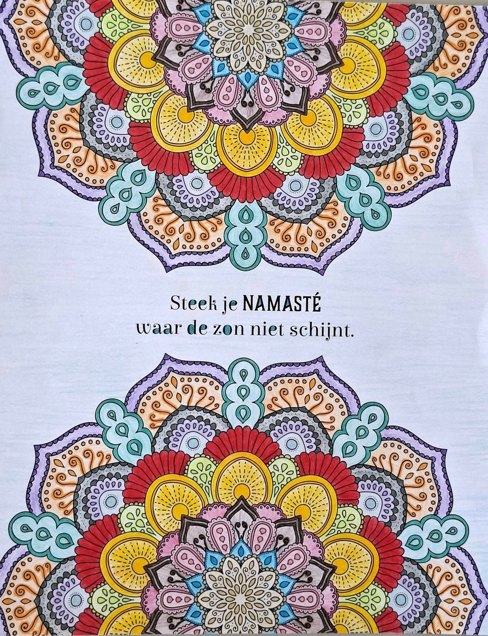Two colorful mandala designs above and below text: