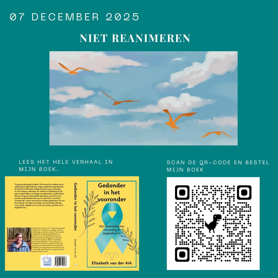 Heb jij mijn boek al besteld? Doen hoor... Poster over het niet reanimeren. Toont een blauwe lucht met vogels, een boekomslag en een QR-code.