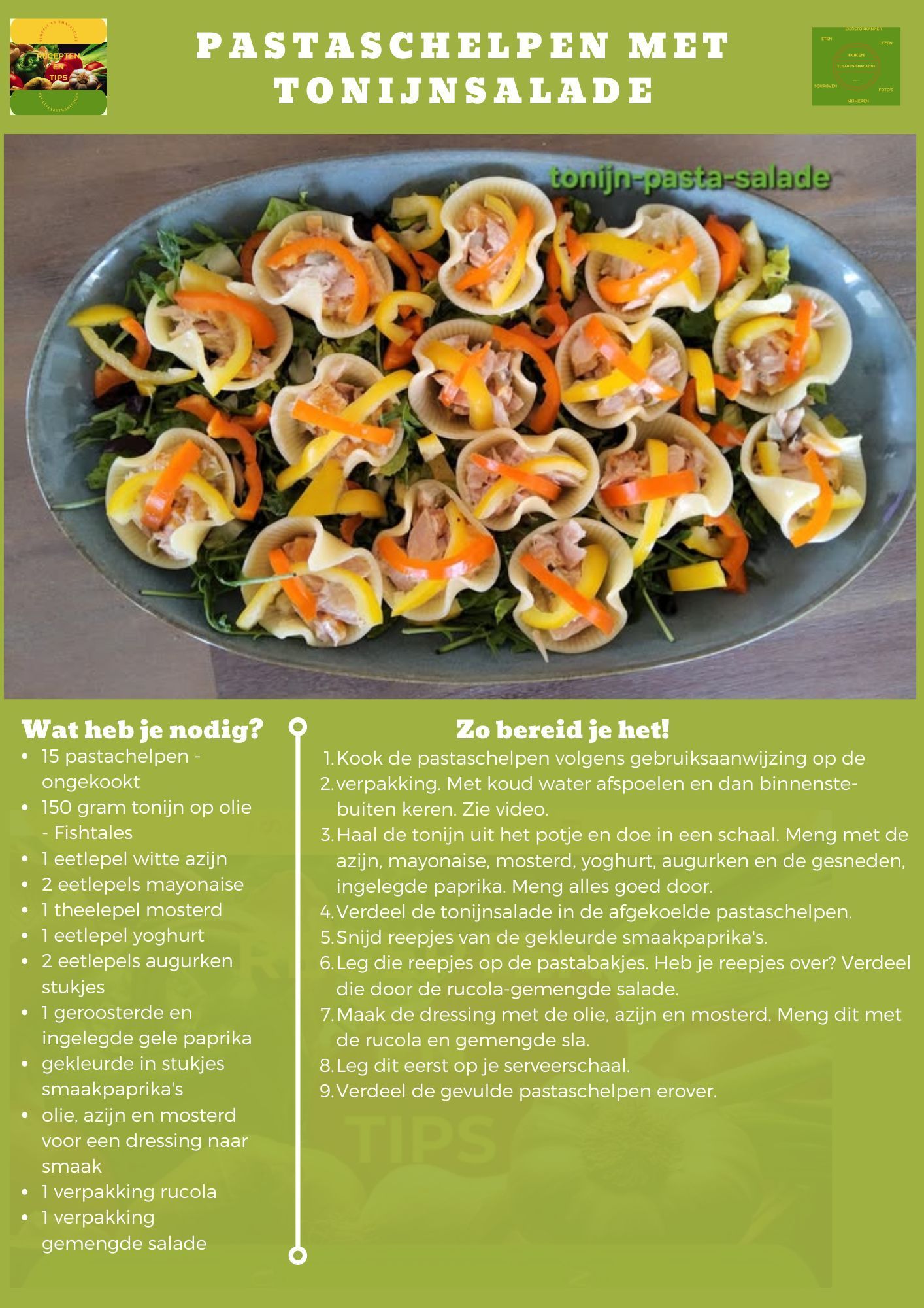 Pastaschelpen met tonijnsalade. Pastaschelpen gevuld met tonijn, gegarneerd met paprika, geserveerd op een bord.