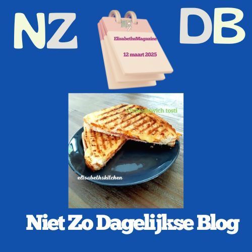 Grilled sandwich on a plate, with a calendar reading “12 maart 2025” and text: “Niet Zo Dagelijkse Blog.”
