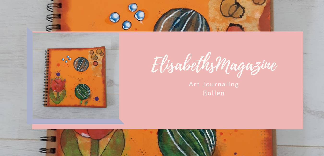 Oranje kunstnotitieboekje met een klein schilderijtje, een roze banner met witte tekst en decoratieve elementen.