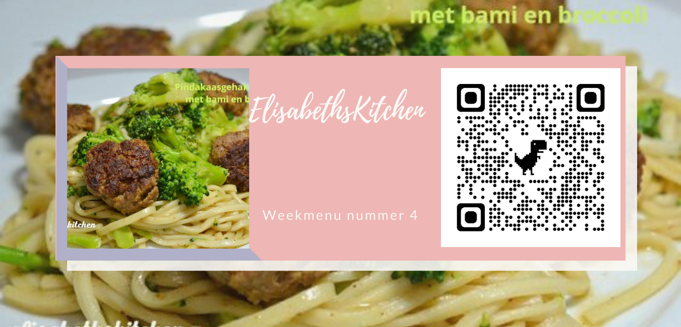 Pastagerecht met broccoli en gehaktballetjes; roze banner met tekst en een QR-code.