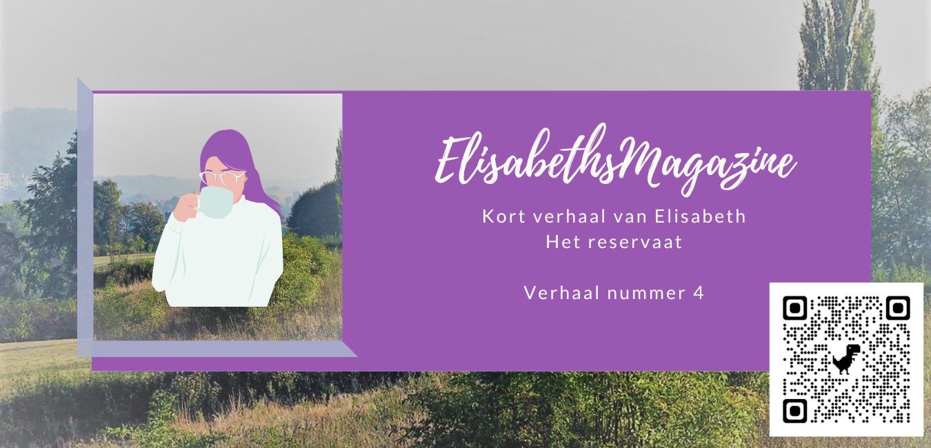 Tijdschriftomslag met paarse achtergrond, gestileerde vrouw met een kopje, QR-code. 