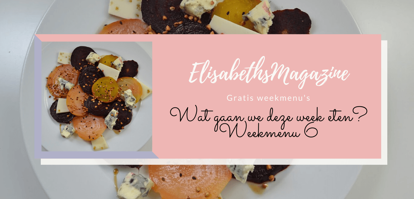 Een bord met bietensalade en kaas. Roze banner met tekst.