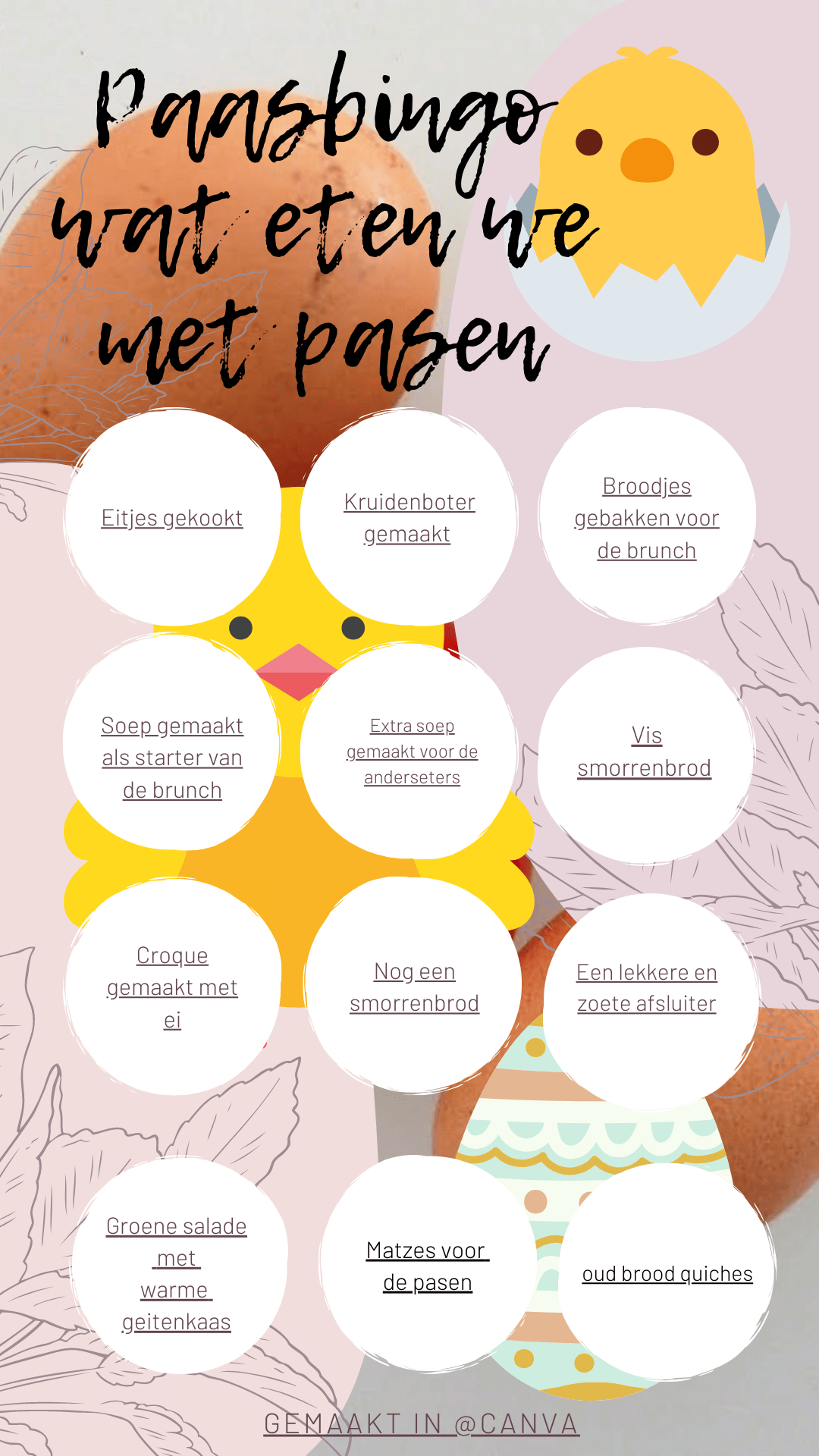 Verderop de pagina staat de gratis download Paasbingo met tekst over een afbeelding van een kuiken en een ei.