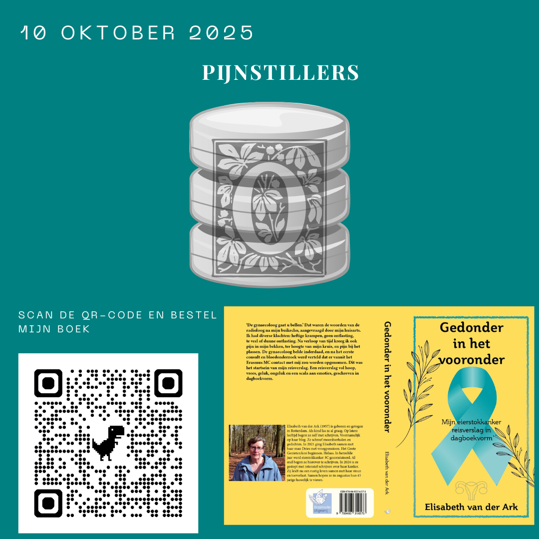 Heb jij mijn boek al besteld? Doen hoor... Poster met medicijntabletten en boekomslag. Turquoise achtergrond. QR-code. Nederlandse tekst.