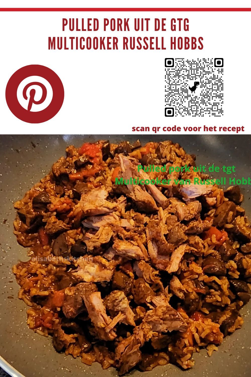 Gebakken pulled pork in een pan, recept van Russell Hobbs multicooker, Pinterest-logo en QR-code.