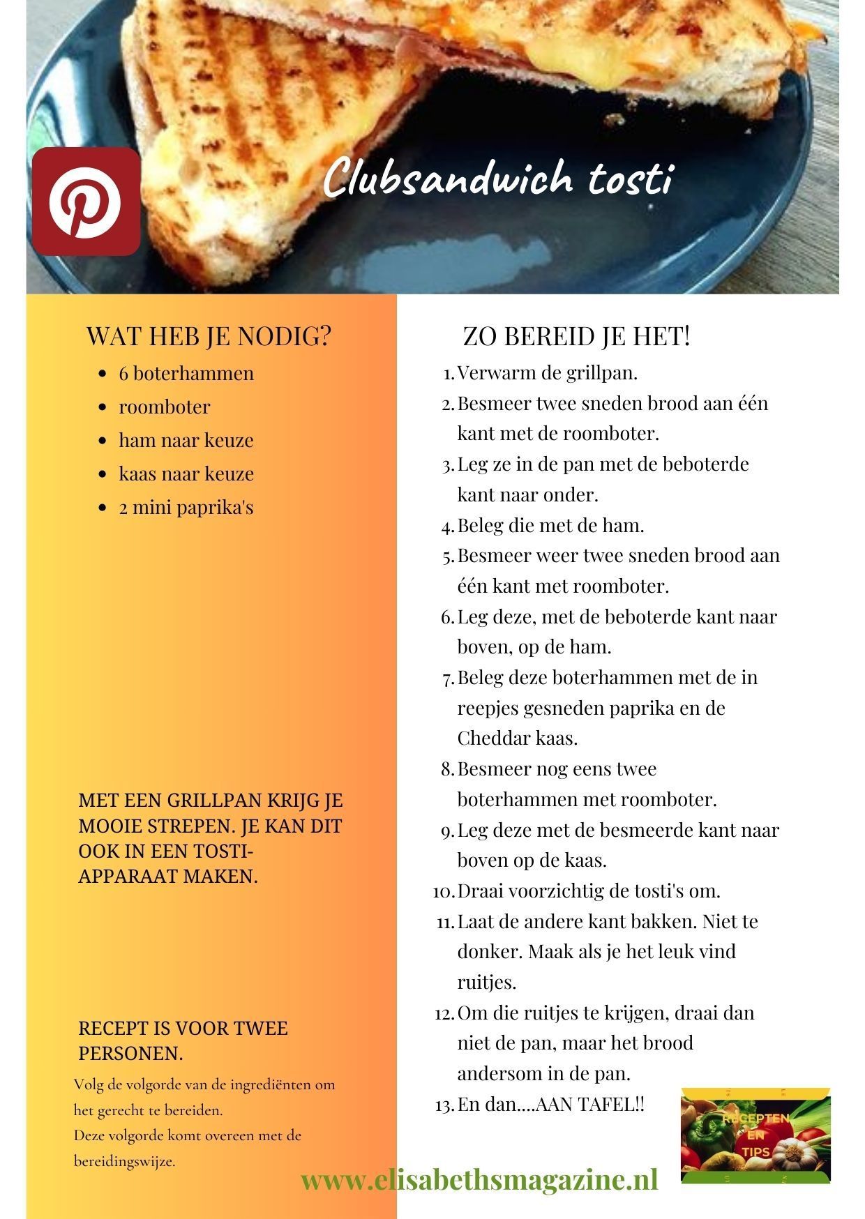 Recept voor een clubsandwich, inclusief gegrilde sandwich en ingrediëntenlijst.