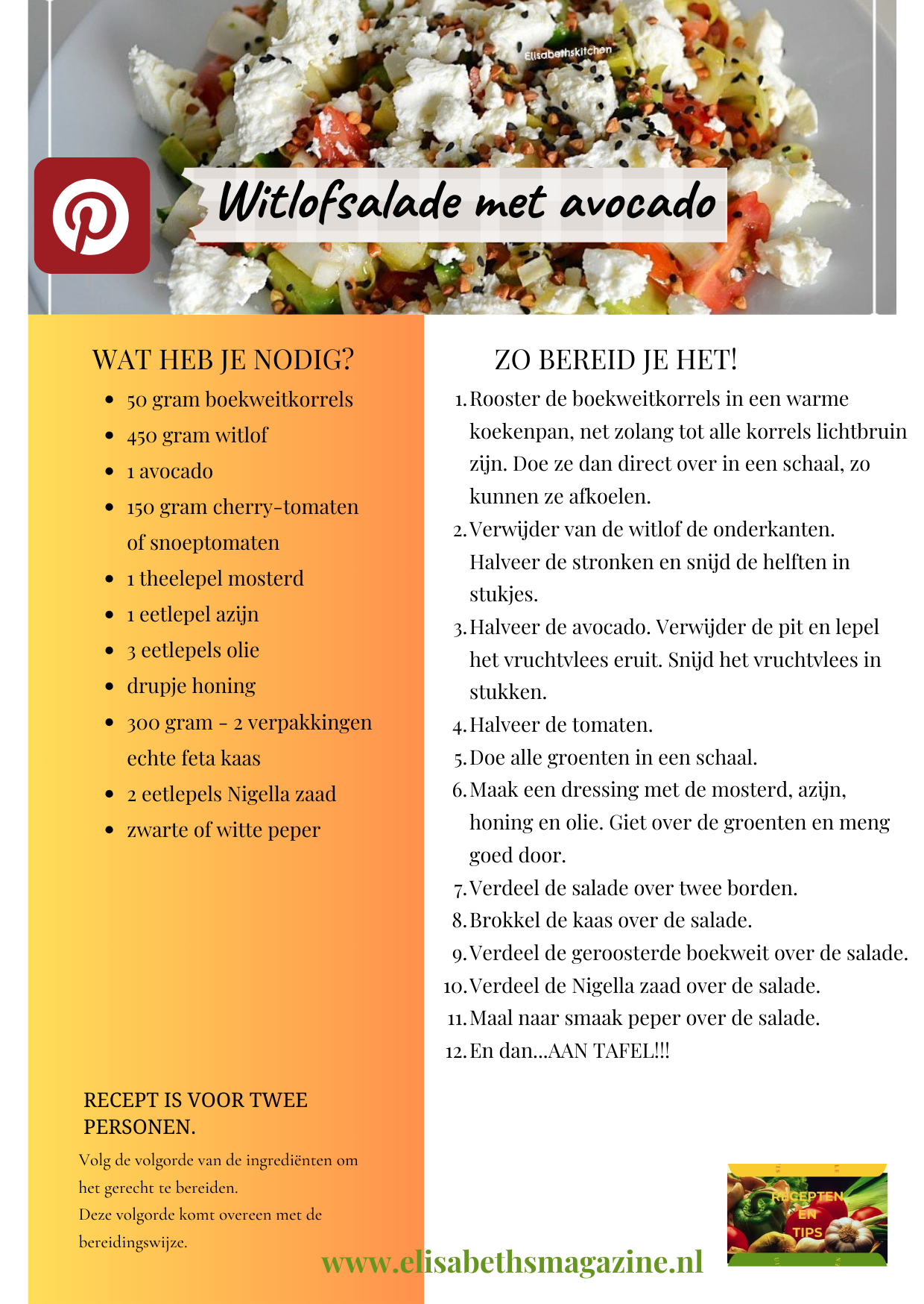 Recept voor Witlofsalade met avocado op een witte achtergrond, met een kleurrijke salade.