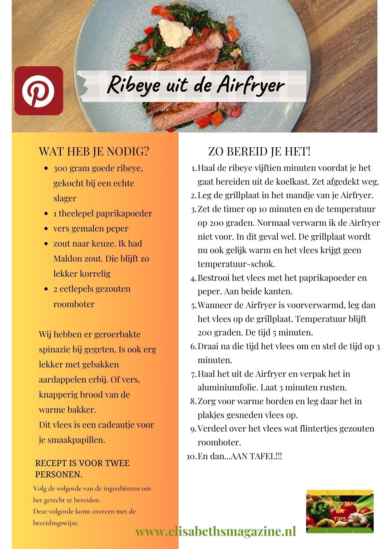 Recept voor ribeye steak bereid in een airfryer, inclusief foto en ingrediëntenlijst.