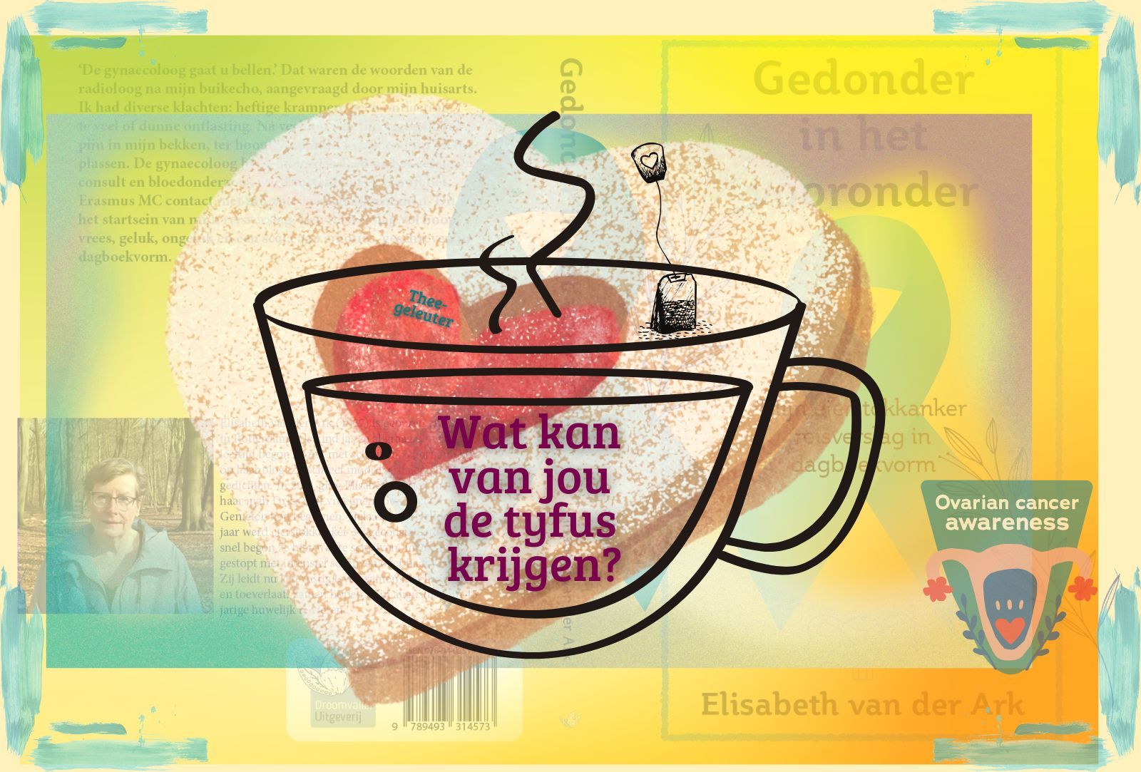 Illustratie met een theekopje en een hartvormig theezakje, boekomslag met tekst.