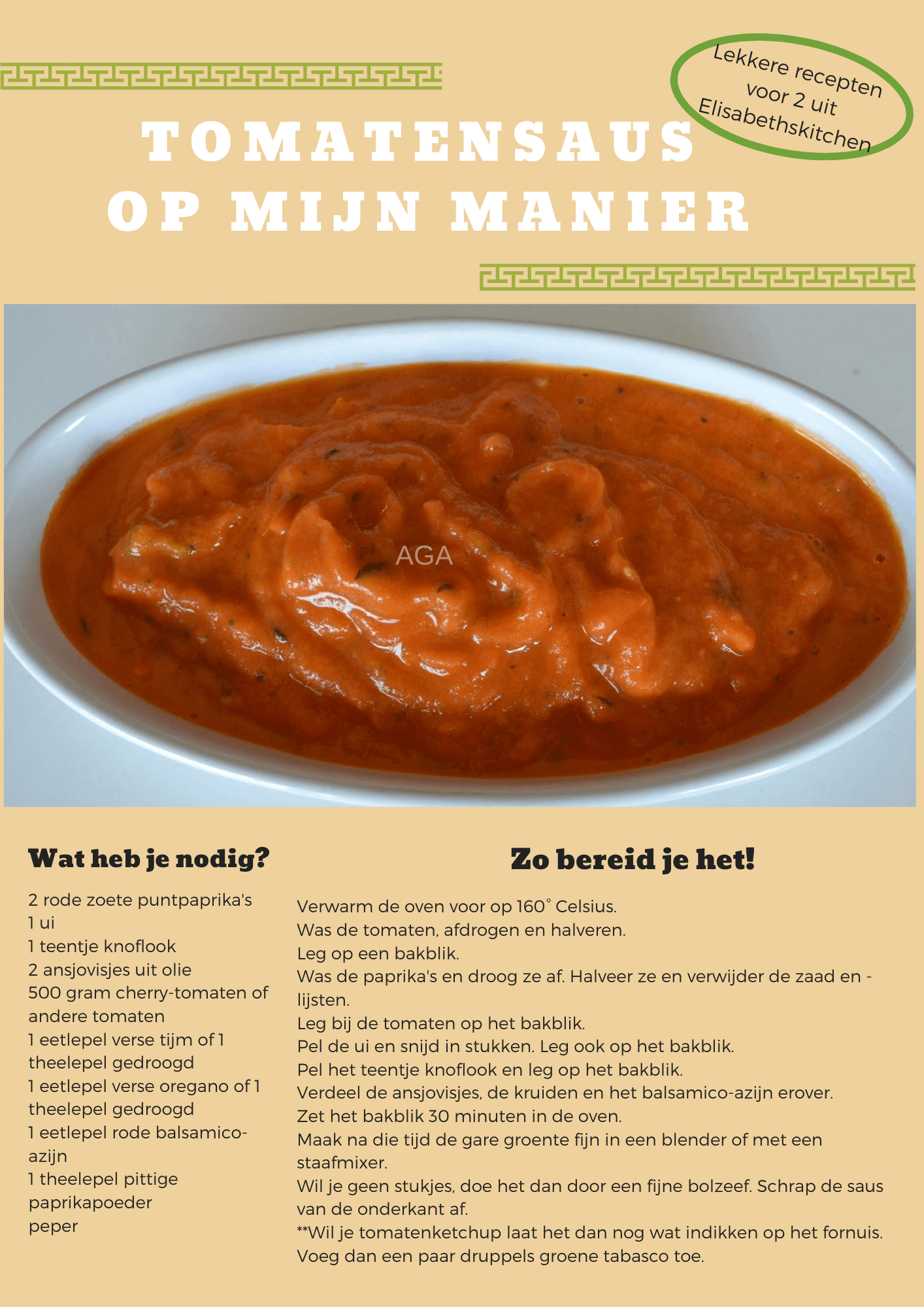 Recept voor tomatensaus, met een kom saus en een lijst met ingrediënten en instructies.