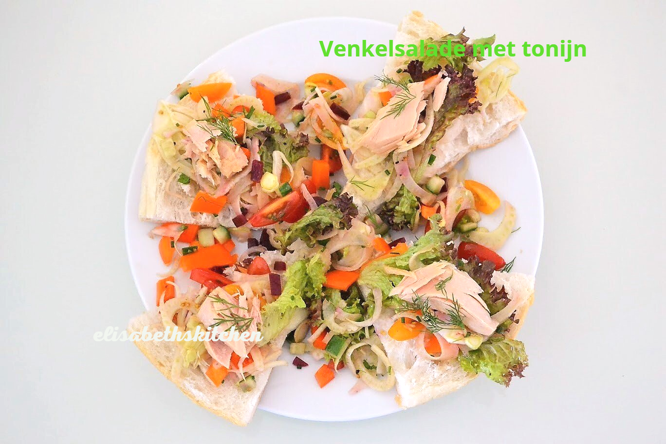 Venkelsalade met tonijn op een wit bord, met stukjes brood. Bevat ook tomaten, wortels en bladgroenten.
