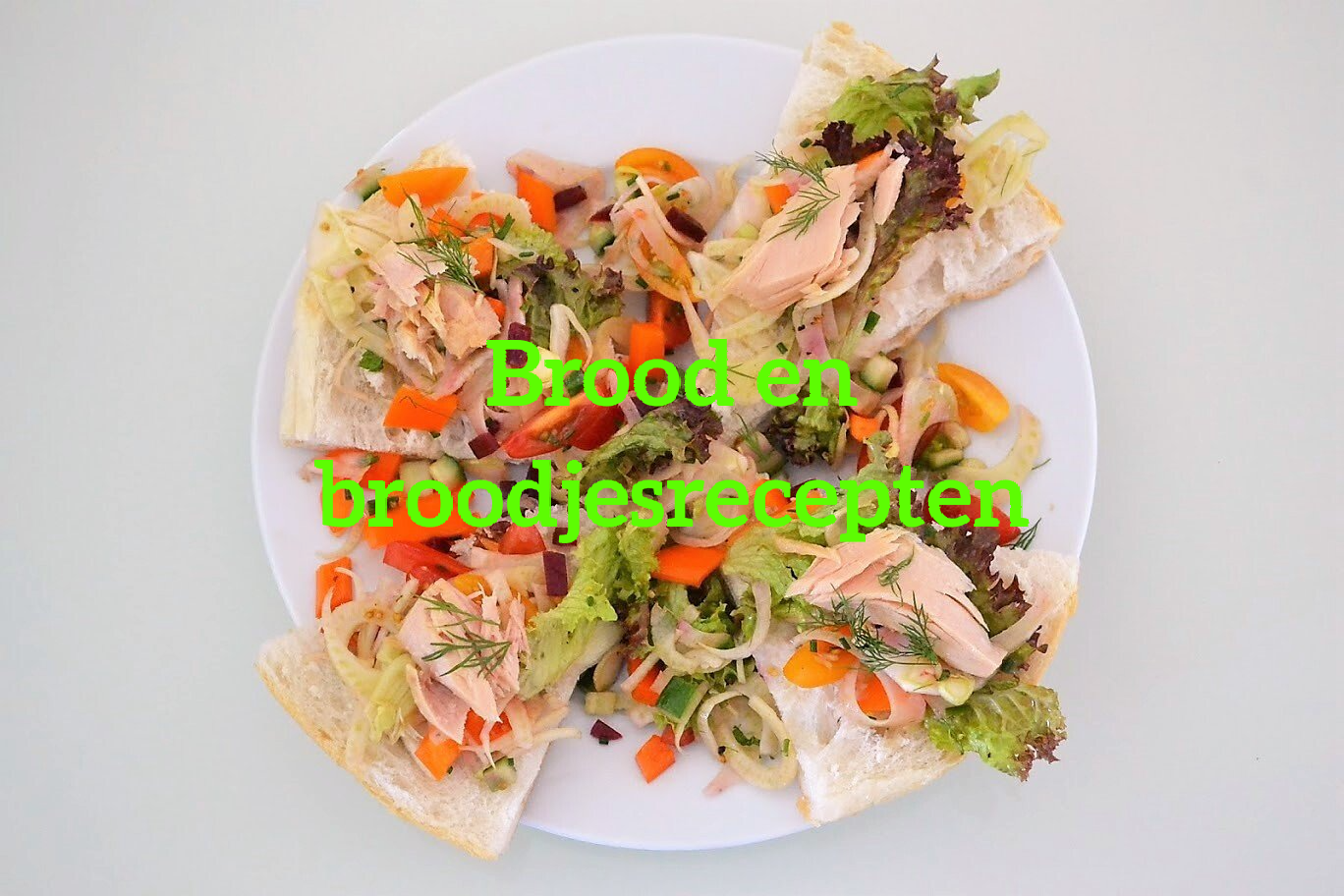 Een bord met open sandwiches, belegd met zalm, groenten en sla, gegarneerd met kruiden.