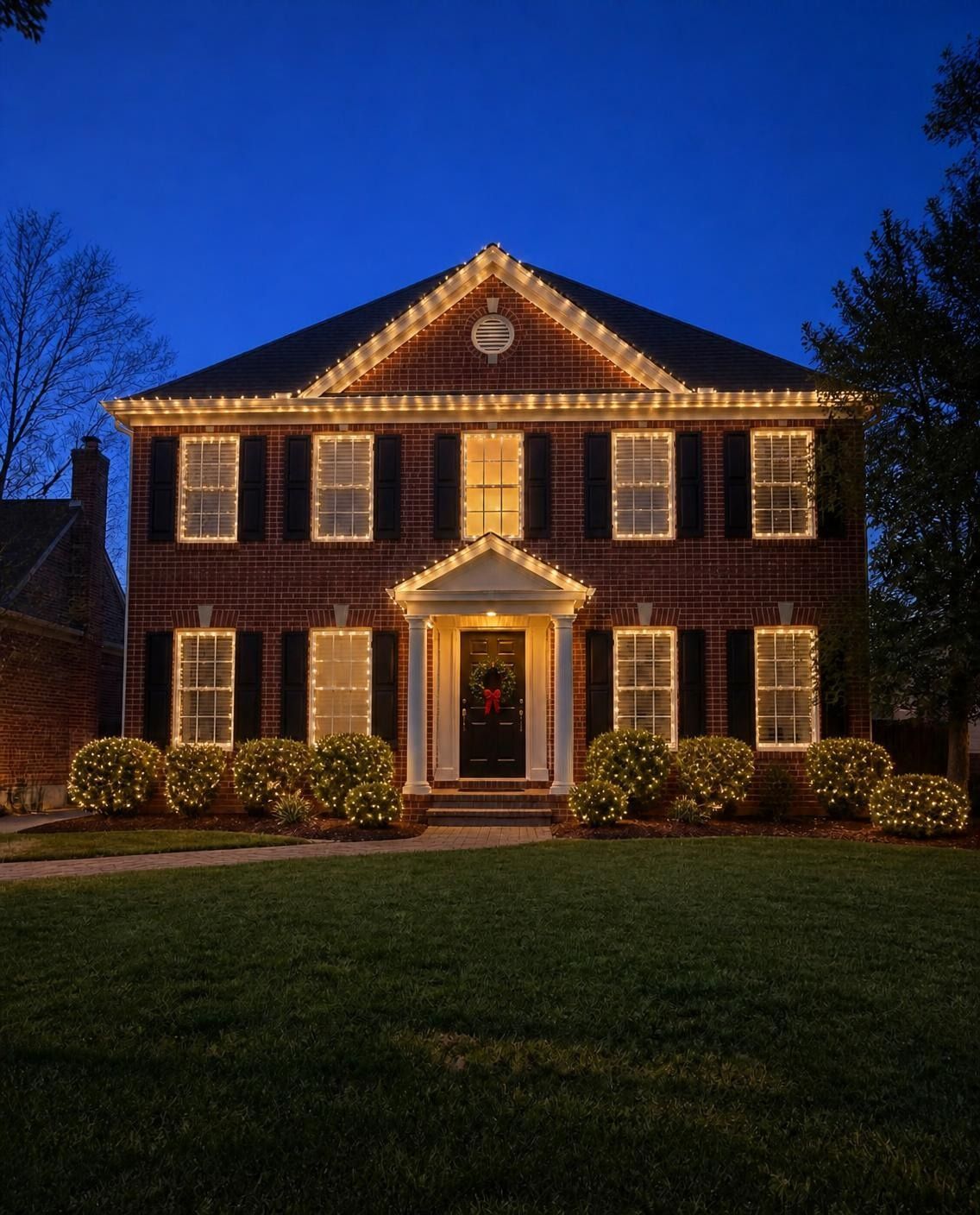 Home with professional holiday lighting at dusk