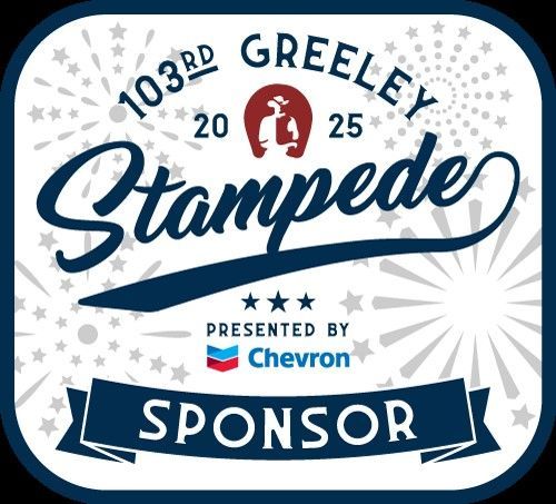 Greeley Stampede logo: 103rd event in 2025, sponsored by Chevron. Features a cowboy on a horse.