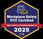 Workplace Safety PCC Certified badge. Blue and gold hexagon with safety vest, hard hat icons, and
