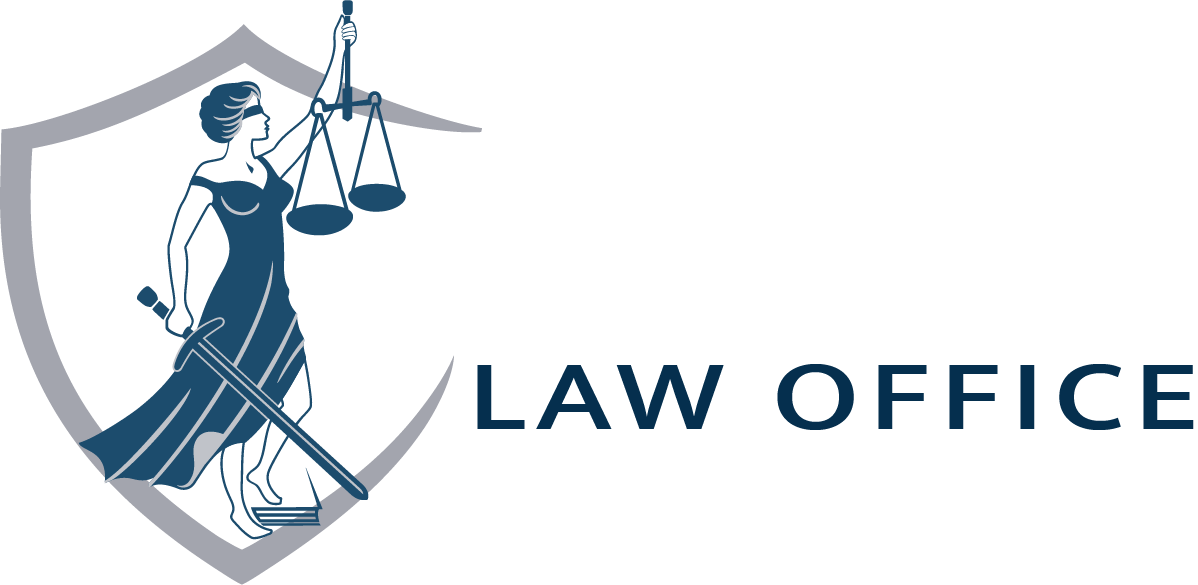 A logo for a law office with a woman holding scales of justice.