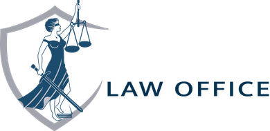 A logo for a law office with a woman holding scales of justice.