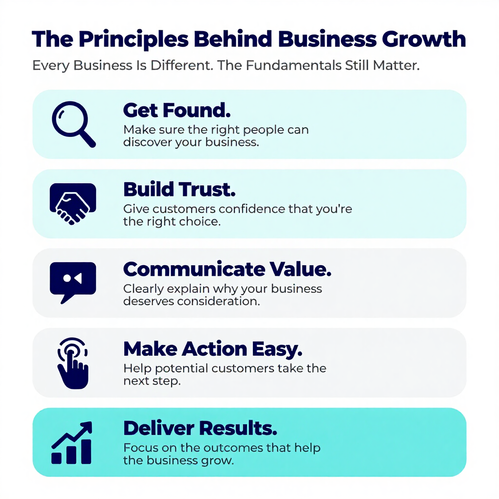 Infographic titled “The Principles Behind Business Growth” with five icon-based tips in blue and white.