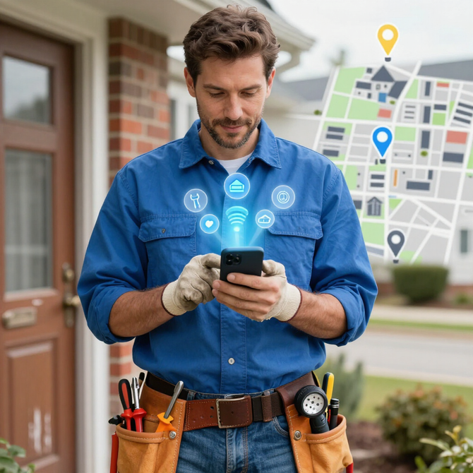 Technician in blue shirt using a smartphone, with tool belt and location map icons overlayed near a house.