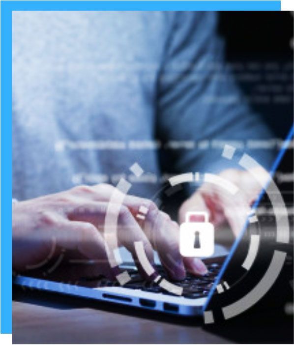 Person typing on a laptop, overlaid with a digital padlock icon, symbolizing security.
