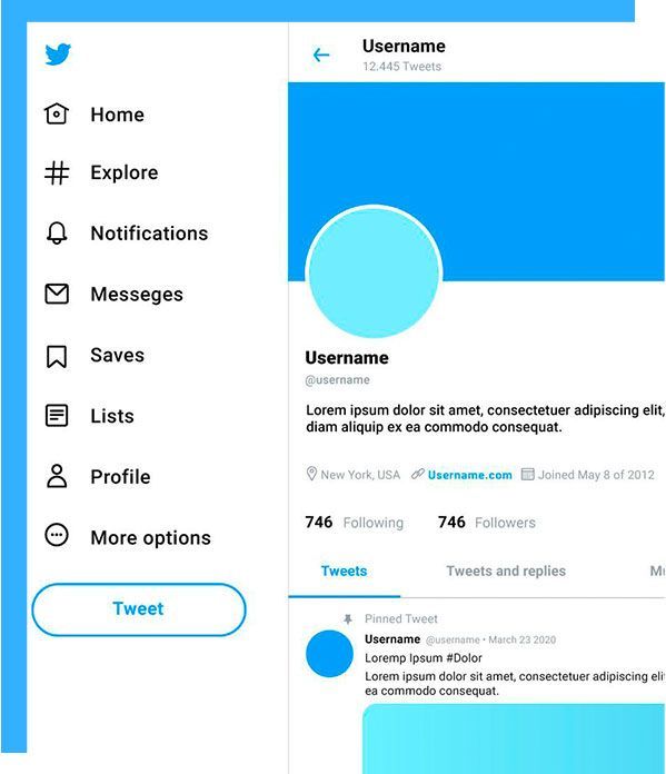 Twitter profile page showing a blue header, profile picture, user details, and navigation menu on the left.