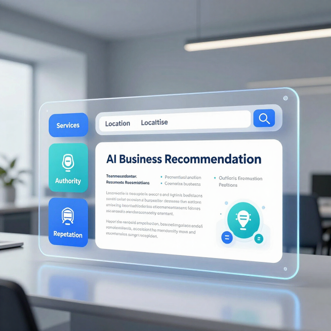 Transparent AI business recommendation dashboard with blue icons in a modern office setting