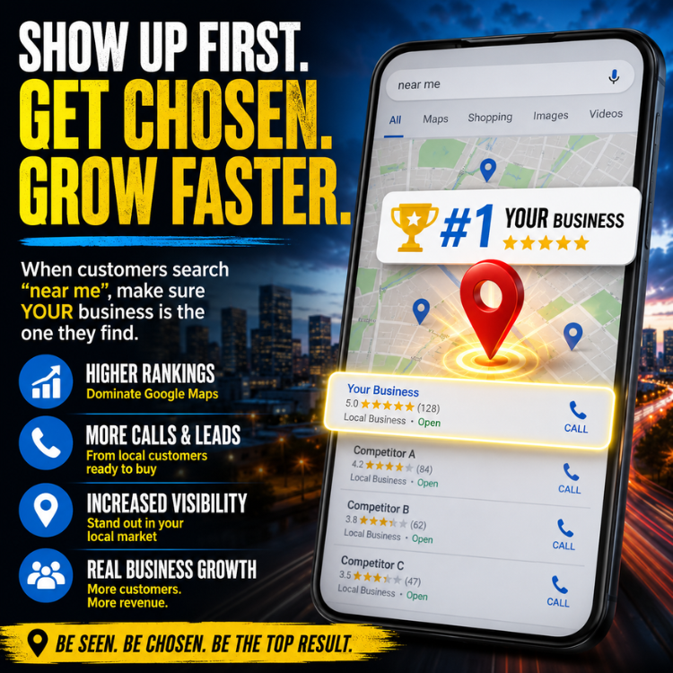 Yellow and blue ad for local business SEO, with smartphone map pin and “Show up first. Get chosen. Grow faster.”