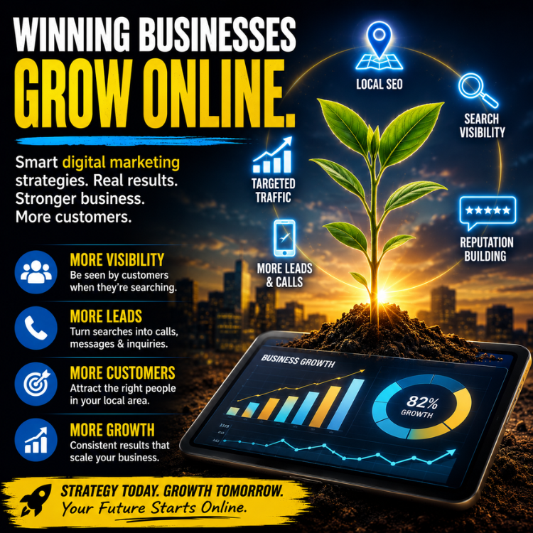 Digital marketing poster with smartphone analytics, glowing plant, and text promoting online growth