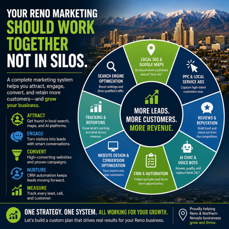 Infographic on Reno marketing strategy with a circular workflow diagram and mountains in the background