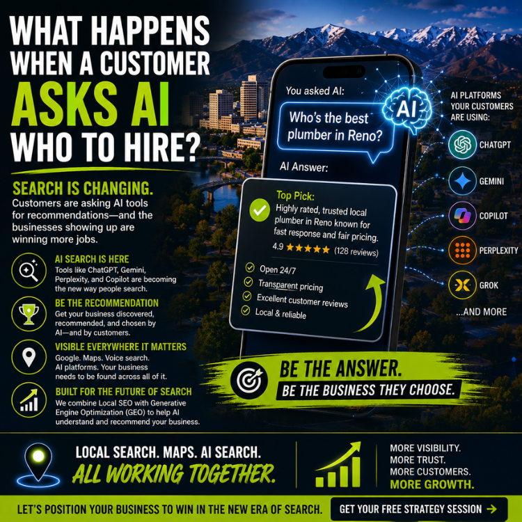 Marketing infographic about using AI to hire a plumber, with search terms, a chatbot response, and growth icons.