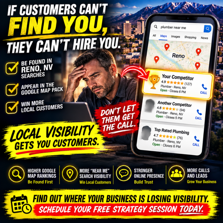 Marketing graphic about local SEO and map visibility, with a man, phone search results, and bold yellow text.