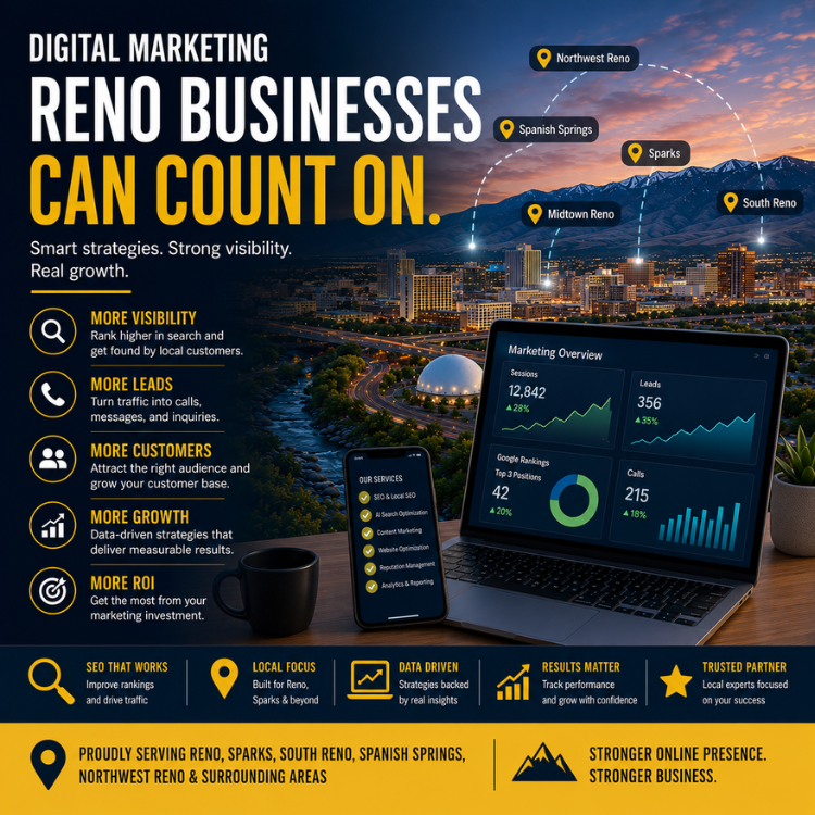 Digital marketing ad: “RENO BUSINESSES CAN COUNT ON” with laptop analytics dashboard and city skyline at night