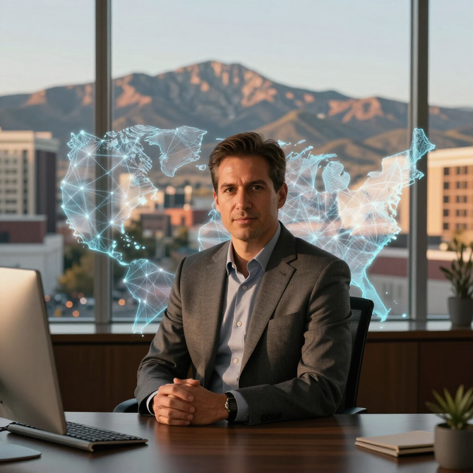 Man in a suit seated at a desk before a window, with a glowing digital world map and mountains behind him