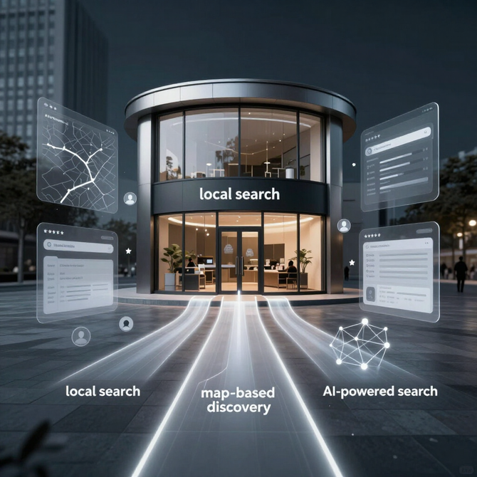 Futuristic storefront labeled “local search” with floating digital panels and glowing map-based search paths.