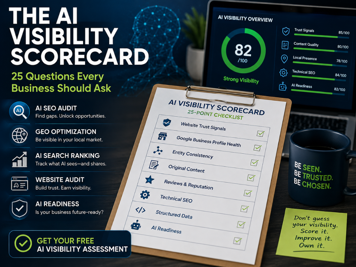 Dark blue AI visibility scorecard ad with laptop dashboard and checklist clipboard titled “The AI Visibility Scorecard”