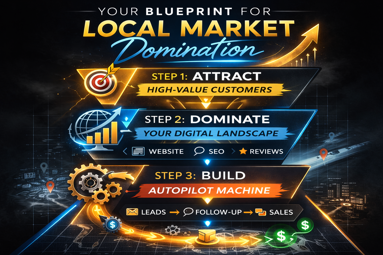 Blueprint poster for local market domination with three steps, gold and blue graphics, arrows, and charts