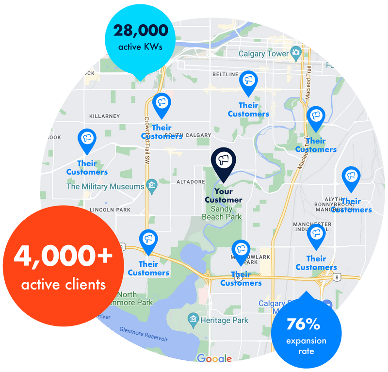 Map of Calgary with location markers for customers, with statistics for active clients and expansion rate.