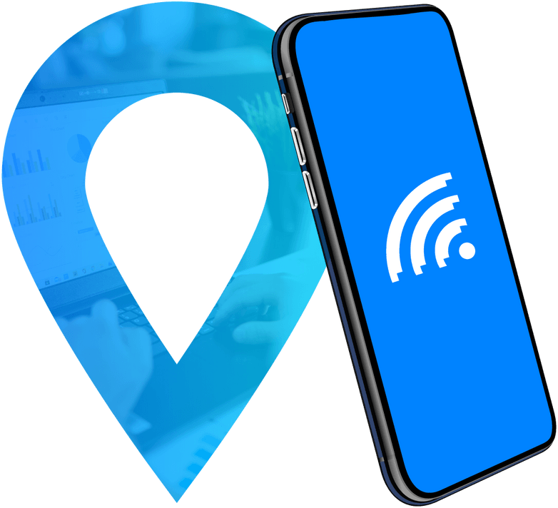 Blue map pin and smartphone with Wi-Fi symbol.