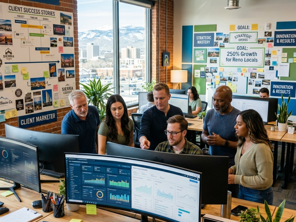 Team collaborating at computer monitors in a modern office with large windows and city view