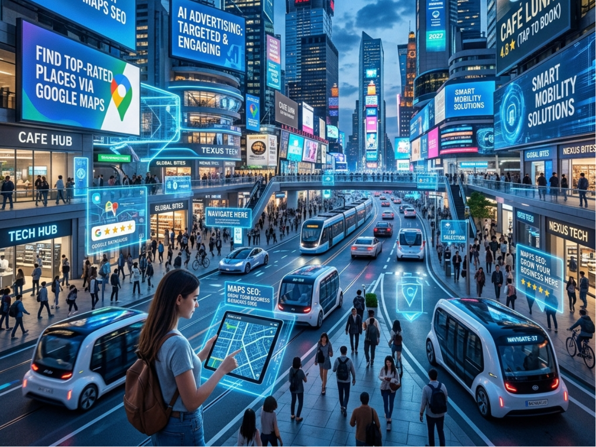 Futuristic neon city street with digital billboards, crowded sidewalks, and self-driving cars at dusk