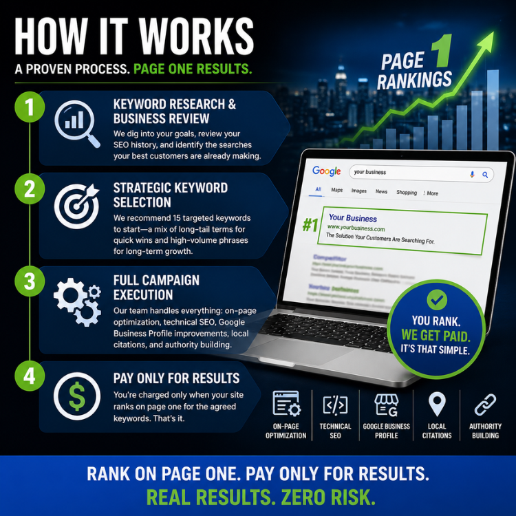 SEO infographic: “How it works” steps, page rankings, laptop, and “you pay we get paid” messaging.