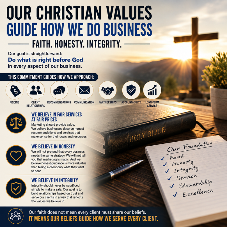 Christian business values poster with Bible, cross, sunrise, and notes on faith, honesty, integrity, and excellence